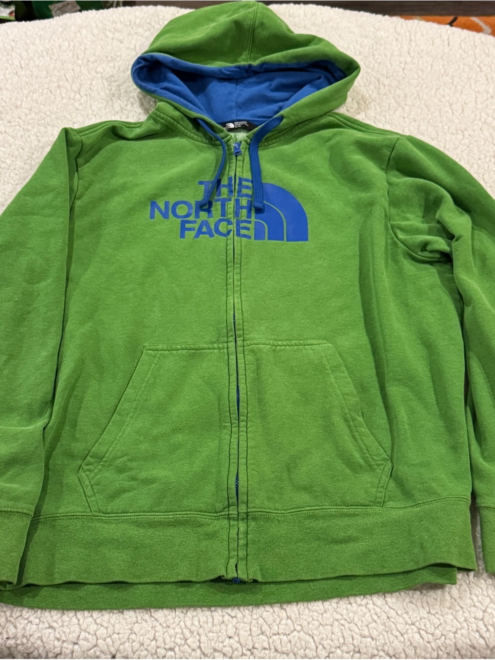 The North Face Green Zip-Up Hoodie with Blue Logo & Lining
